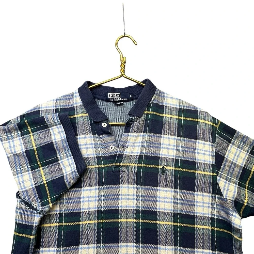 Polo Ralph Lauren Rugby Shirt Mens Large Plaid Tartan Style Made USA Distressed